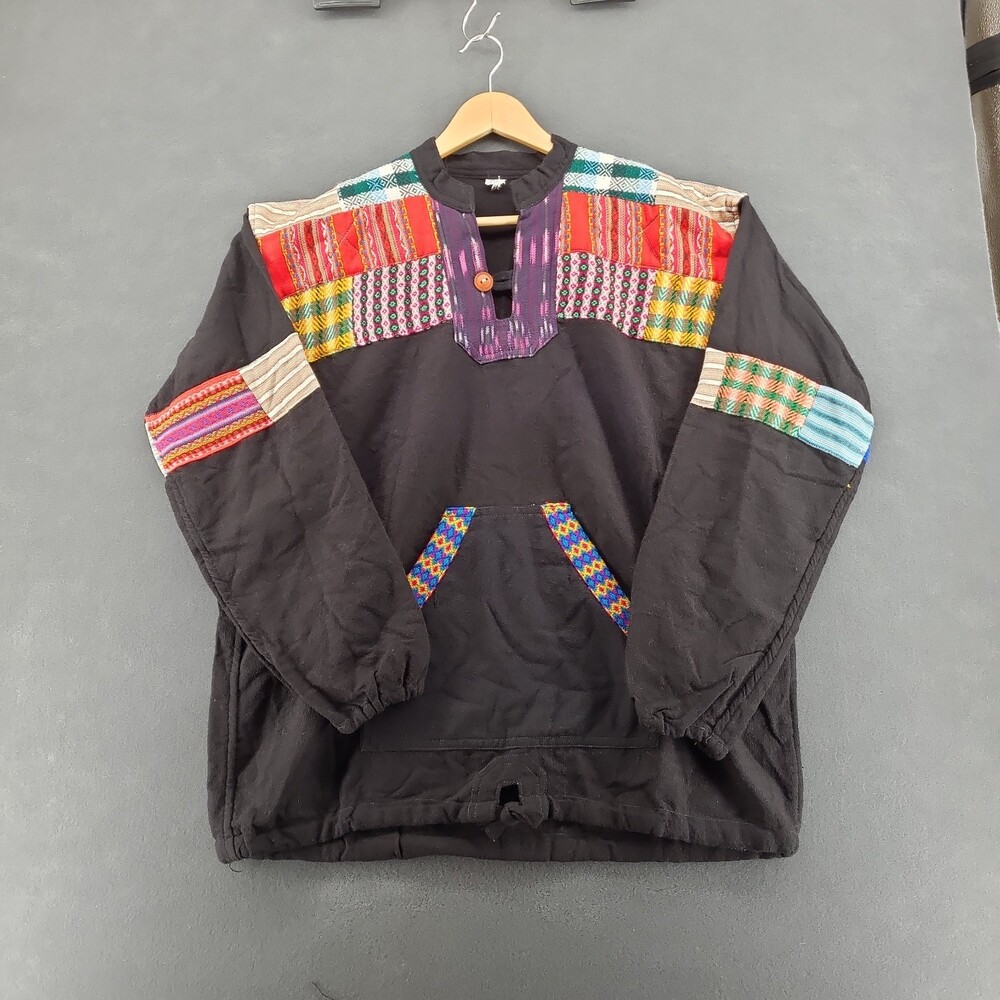 VTG Handmade Ecuador Wool Patchwork Pullover Anorak Jacket Black Aztec Mens XL